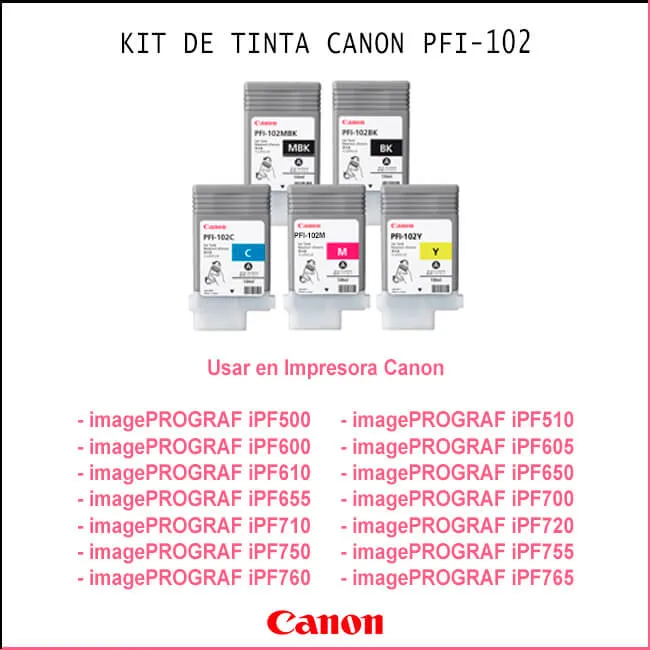 Kit de Tinta Canon PFI-102 Matte Black, Black, Cyan, Magenta, Yellow ✔