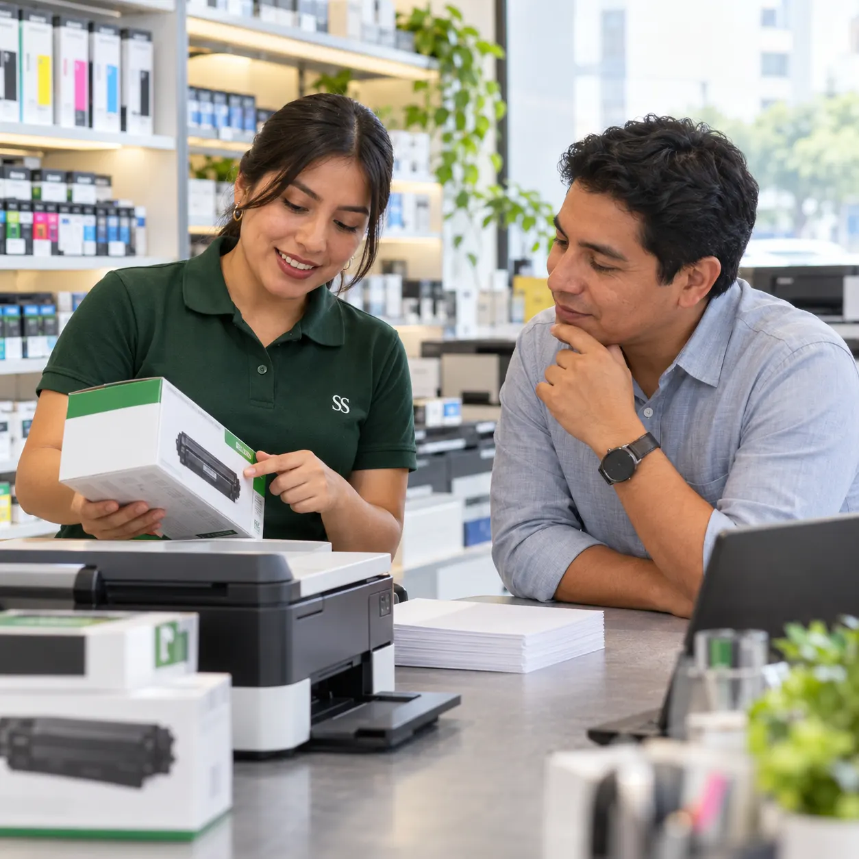 Asesora ayudando a elegir un consumible de impresión