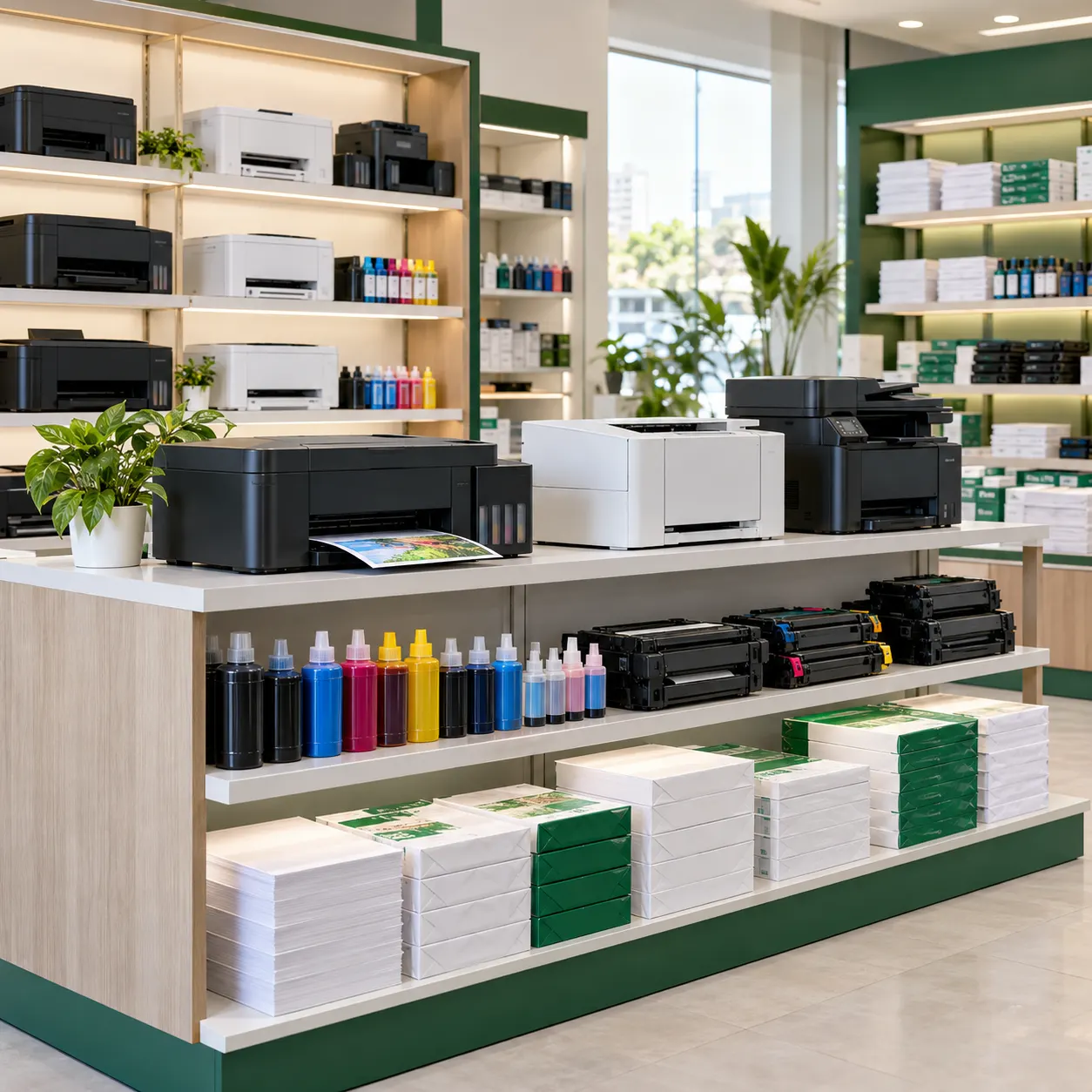 Variedad de impresoras, papel, tintas y tóner