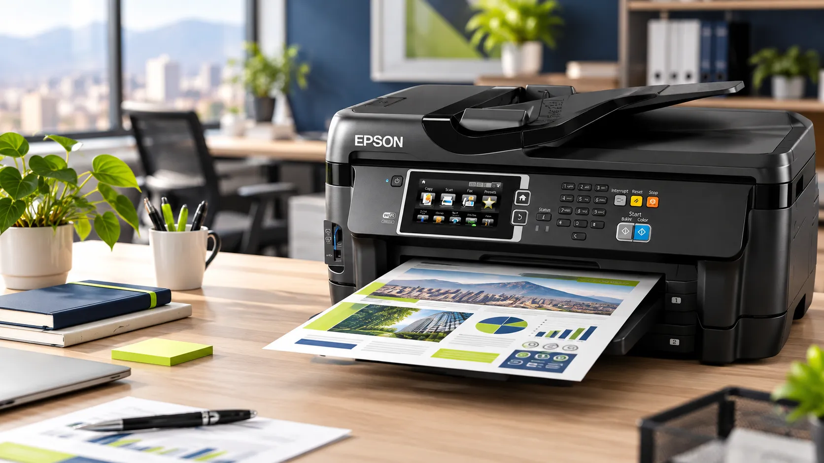 Impresora Multifuncional Epson EcoTank L1455 A3 WIFI en uso en un espacio de trabajo
