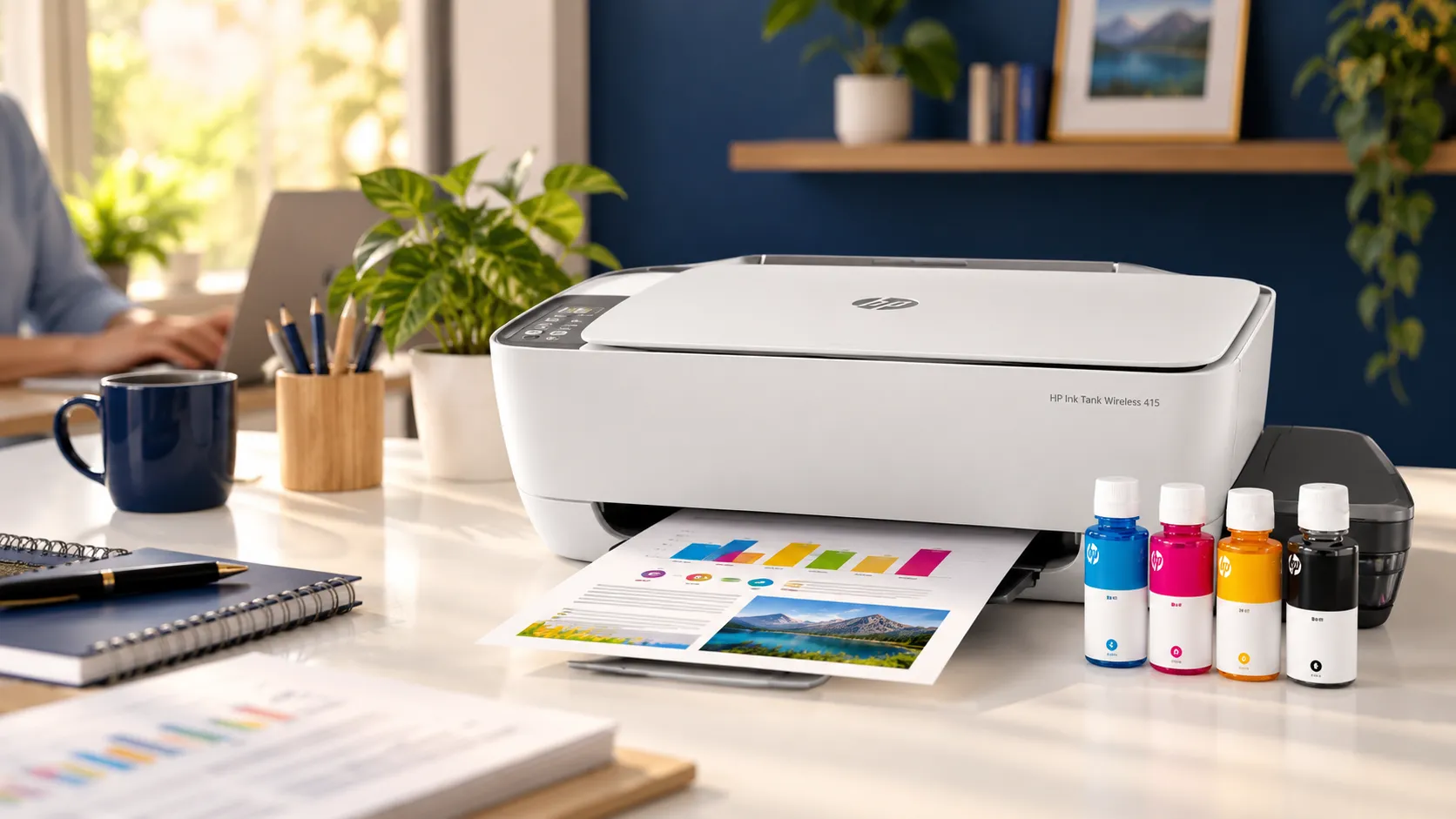 Impresora Multifuncional HP Ink Tank 415 Wireless en uso en un espacio de trabajo